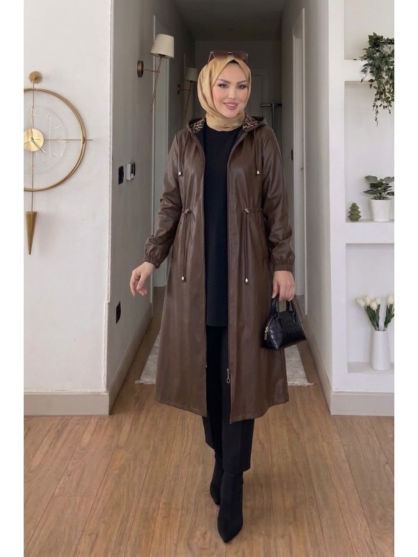 DERİ KAPÜŞONLU CEPLİ TRENÇKOT KAHVE
